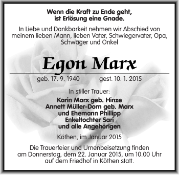 Traueranzeige von Egon Marx von Mitteldeutsche Zeitung Köthen