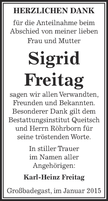 Traueranzeige von Sigrid Freitag von WVG - Wochenspiegel Dessau / Köthen