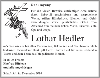 Traueranzeige von Lothar Hedler von Super Sonntag Merseburg