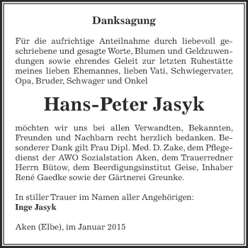 Traueranzeige von Hans-Peter Jasyk von WVG - Wochenspiegel Dessau / Köthen