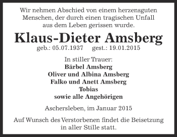Traueranzeige von Klaus-Dieter Amsberg von Super Sonntag Aschersleben