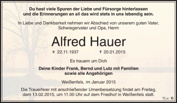 Traueranzeige von Alfred Hauer von WVG - Wochenspiegel NMB / WSF / ZTZ