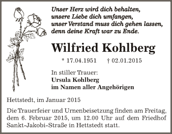 Traueranzeige von Wilfried Kohlberg von Wochenspiegel Mansfelder Land