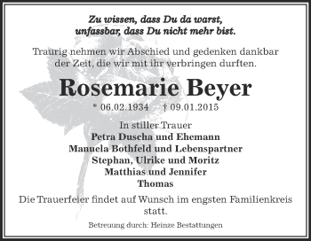Traueranzeige von Rosemarie Beyer von Super Sonntag Bernburg