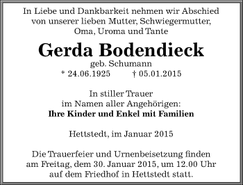 Traueranzeige von Gerda Bodendieck von Mitteldeutsche Zeitung Mansfelder Land
