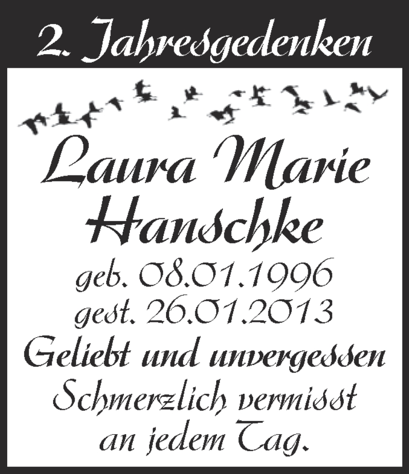  Traueranzeige für Laura Marie  Hanschke vom 25.01.2015 aus Super Sonntag Dessau / Köthen