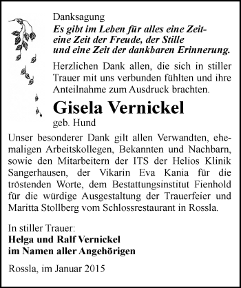 Traueranzeige von Gisela Vernickel von Mitteldeutsche Zeitung Sangerhausen