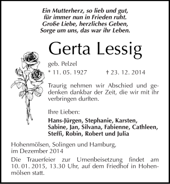 Traueranzeige von Gerta Lessig von Mitteldeutsche Zeitung Weißenfels