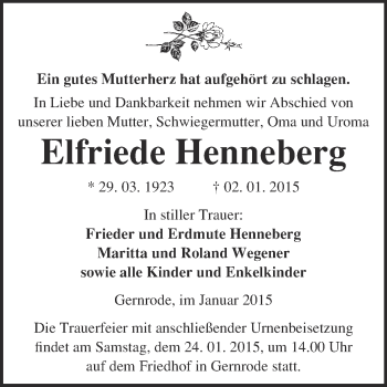 Traueranzeige von Elfriede Henneberg von WVG - Wochenspiegel Quedlinburg