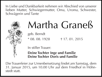 Traueranzeige von Martha Graneß von Mitteldeutsche Zeitung Halle/Saalkreis