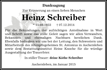 Traueranzeige von Heinz Schreiber von Mitteldeutsche Zeitung Aschersleben