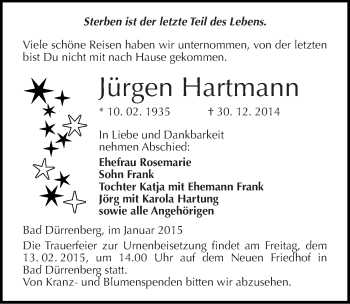 Traueranzeige von Jürgen Hartmann von Mitteldeutsche Zeitung Weißenfels
