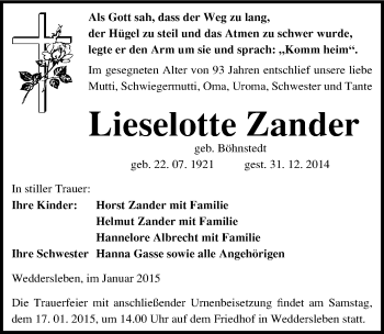 Traueranzeige von Lieselotte Zander von Mitteldeutsche Zeitung Quedlinburg