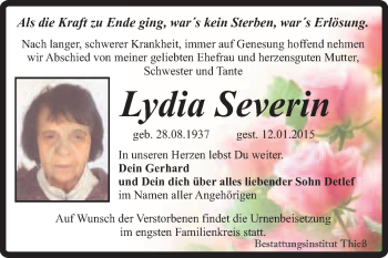 Traueranzeige von Lydia Severin von Super Sonntag Quedlinburg