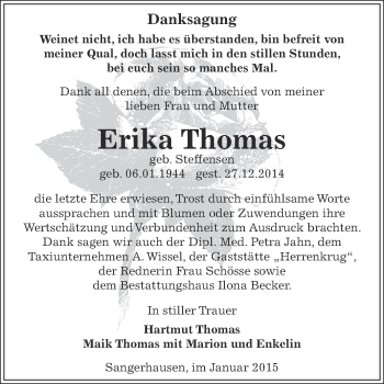 Traueranzeige von Erika Thomas von Super Sonntag SGH Mansf. Land