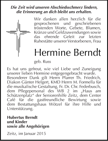Traueranzeige von Hermine Berndt von Mitteldeutsche Zeitung Zeitz