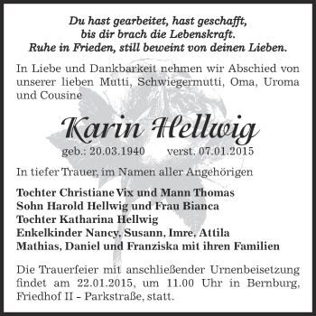 Traueranzeige von Karin Hellwig von Super Sonntag Bernburg