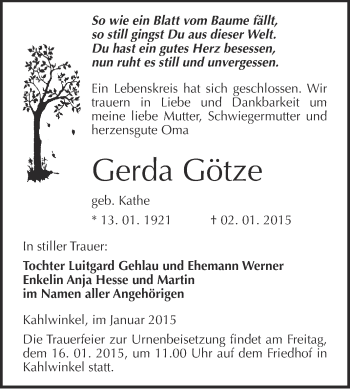 Traueranzeige von Gerda Götze von WVG - Wochenspiegel NMB / WSF / ZTZ