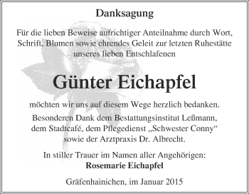 Traueranzeige von Günter Eichapfel von WVG - Wochenspiegel Wittenberg