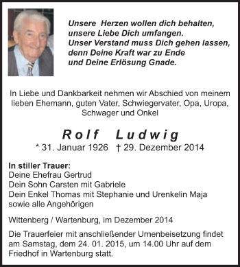 Traueranzeige von Rolf Ludwig von WVG - Wochenspiegel Wittenberg