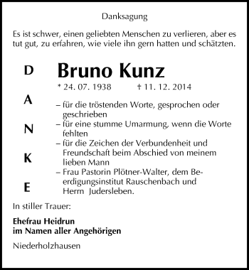 Traueranzeige von Bruno Kunz von Mitteldeutsche Zeitung Naumburg/Nebra