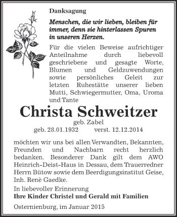 Traueranzeige von Christa Schweitzer von WVG - Wochenspiegel Dessau / Köthen