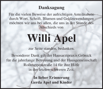 Traueranzeige von Willi Apel von Mitteldeutsche Zeitung