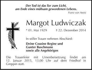 Traueranzeige von Margot Ludwiczak von Mitteldeutsche Zeitung Bitterfeld