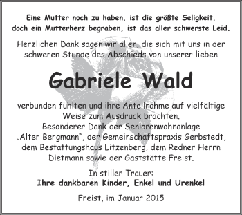 Traueranzeige von Gabriele Wald von Wochenspiegel Mansfelder Land