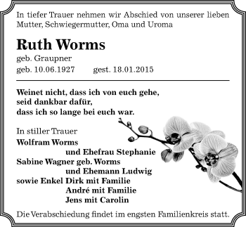 Traueranzeige von Ruth Worms von Mitteldeutsche Zeitung Zeitz