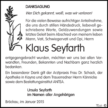 Traueranzeige von Klaus  Seyfarth von Super Sonntag Zeitz