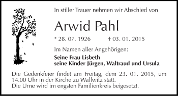 Traueranzeige von Arwid Pahl von Mitteldeutsche Zeitung Halle/Saalkreis