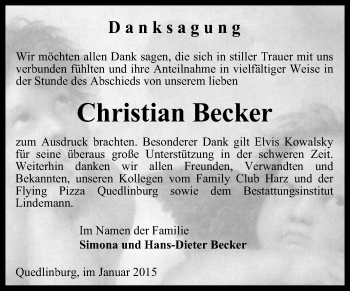 Traueranzeige von Christian Becker von Super Sonntag Quedlinburg
