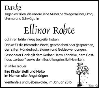 Traueranzeige von Ellinor Rohte von WVG - Wochenspiegel NMB / WSF / ZTZ