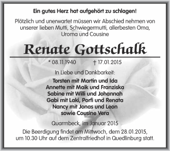 Traueranzeige von Renate Gottschalk von Super Sonntag Quedlinburg