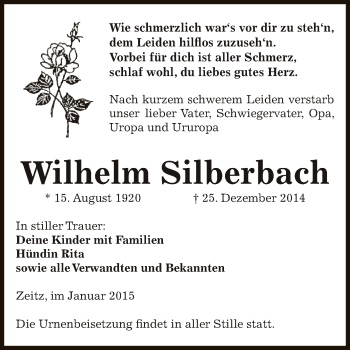 Traueranzeige von Wilhelm Silberbach von Super Sonntag Zeitz