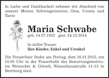 Traueranzeige von Maria Schwabe von Super Sonntag Bernburg