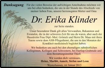 Traueranzeige von Erika Klinder von Mitteldeutsche Zeitung Quedlinburg