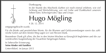 Traueranzeige von Hugo Mögling von Mitteldeutsche Zeitung Mansfelder Land
