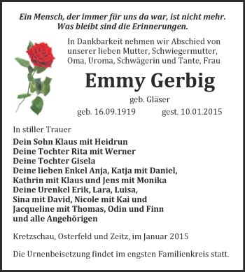 Traueranzeige von Emmy Gerbig von WVG - Wochenspiegel NMB / WSF / ZTZ