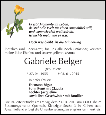 Traueranzeige von Gabriele Belger von Mitteldeutsche Zeitung Köthen