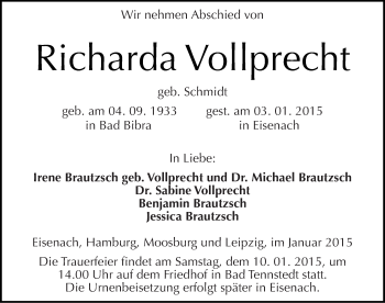 Traueranzeige von Richarda Vollprecht von Mitteldeutsche Zeitung Naumburg/Nebra