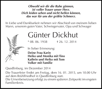 Traueranzeige von Günter Dickhut von Mitteldeutsche Zeitung Quedlinburg