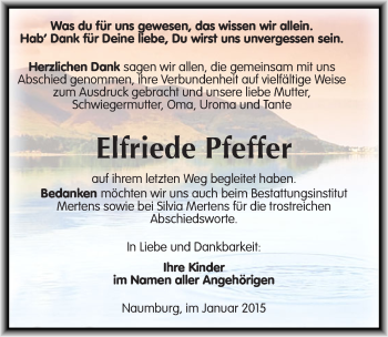 Traueranzeige von Elfriede Pfeffer von Mitteldeutsche Zeitung Naumburg/Nebra
