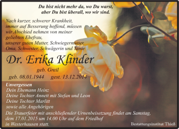 Traueranzeige von Erika Klinder von Mitteldeutsche Zeitung Quedlinburg