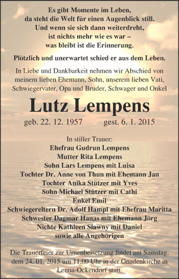 Traueranzeige von Lutz Lempens von Super Sonntag Merseburg