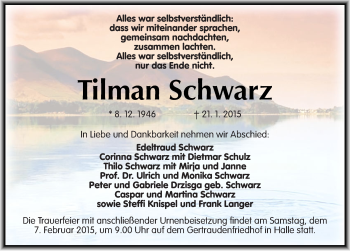 Traueranzeige von Tilman Schwarz von Mitteldeutsche Zeitung Halle/Saalkreis