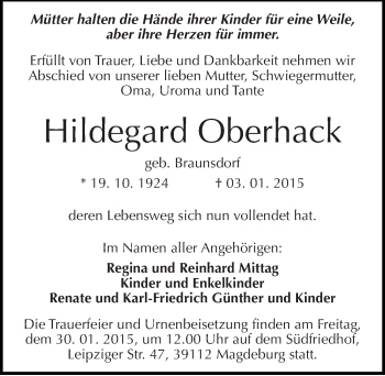 Traueranzeige von Hildegard Oberhack von Mitteldeutsche Zeitung Bernburg
