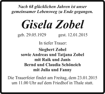Traueranzeige von Gisela Zobel von WVG - Wochenspiegel Quedlinburg