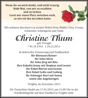 Traueranzeige von Christine Thum von Super Sonntag Zeitz